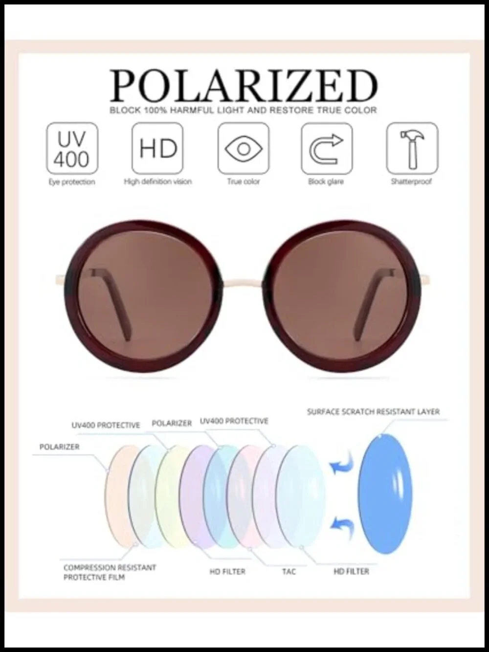 Polarized Retro Round Sunglasses Oversized UV Protection Vintage Ladies